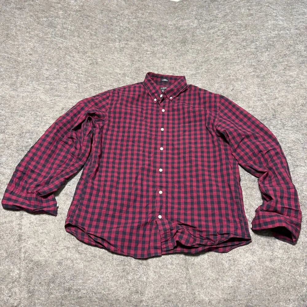 J Crew Mens Shirt Size L Red Black Check Flex Washed Slim Untucked Long Sleeve